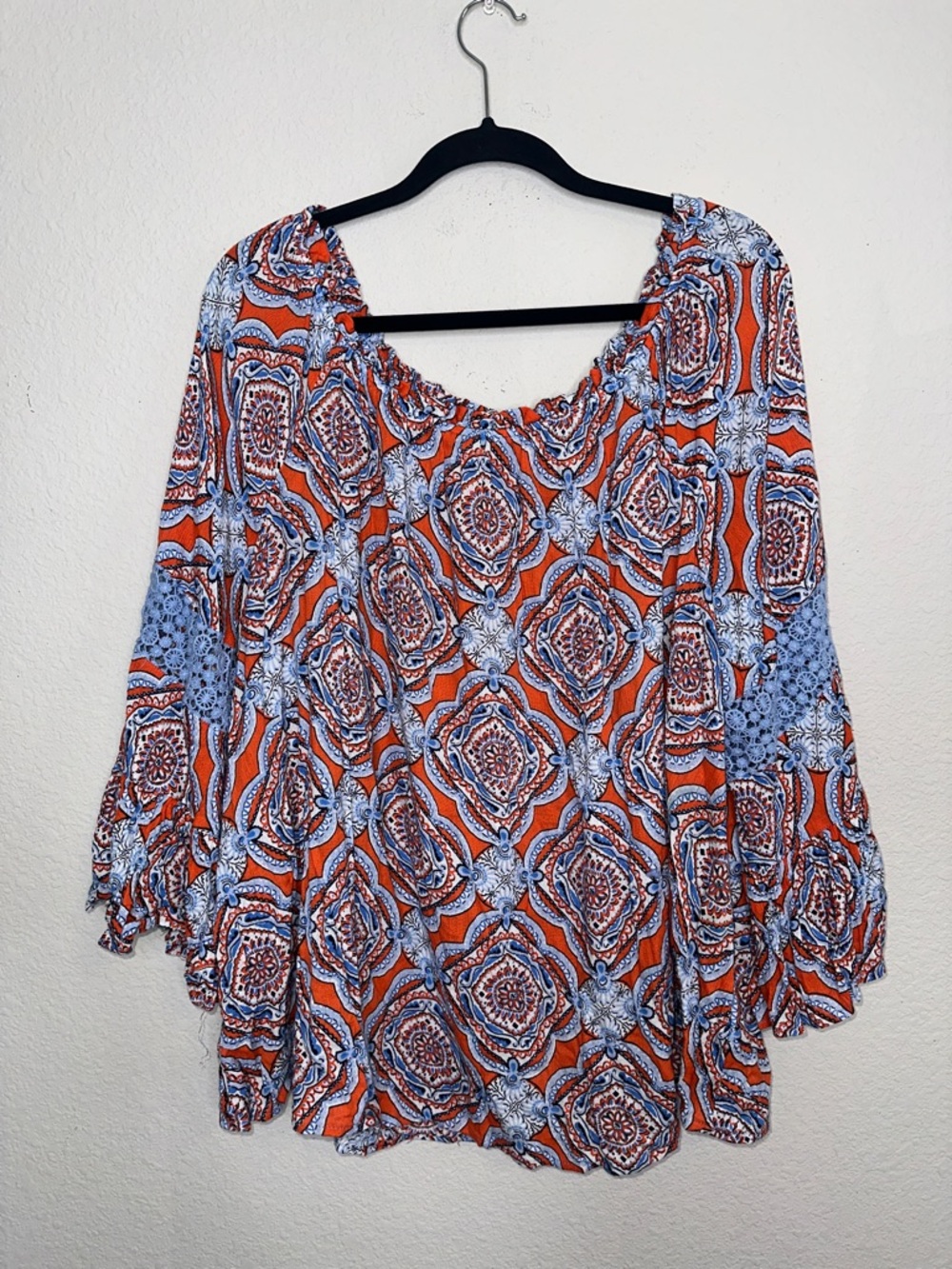 crown & ivy Orange and Light Blue Geometric Peasant‎ Tunic
